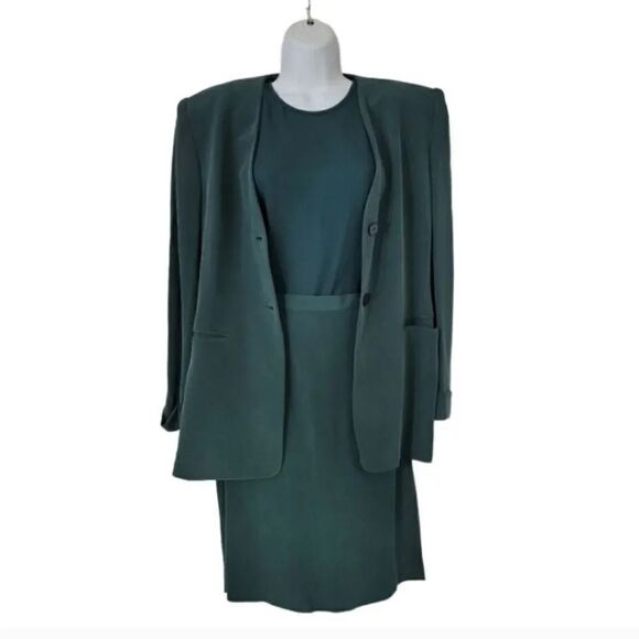 NEW Vintage Y2K 3 PC Jones New York Monochrome 100% Silk Skirt Suit Niagara Teal - Picture 3 of 16